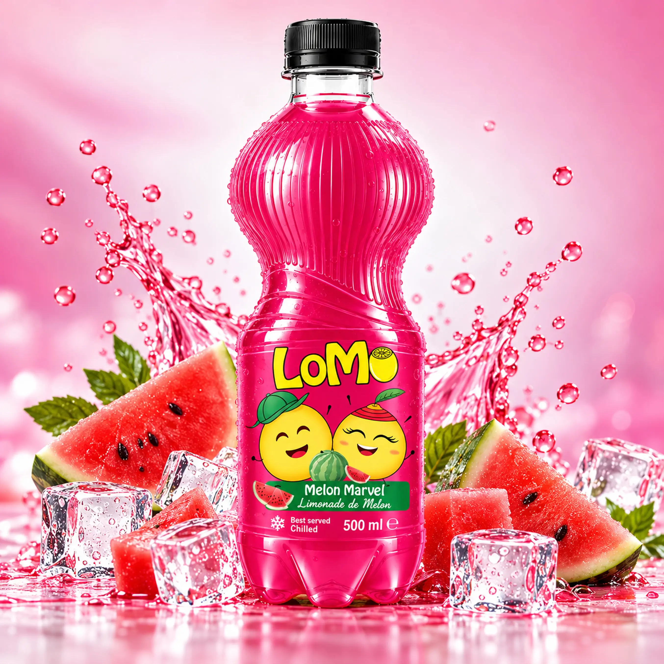 LOMO Melon Marvel 500ml lemonade bottle with fresh watermelon slices, ice cubes and pink splash.